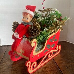 Vintage Knee Hugger Christmas Sleigh Arrangement Pixie Elf Wood Sleigh